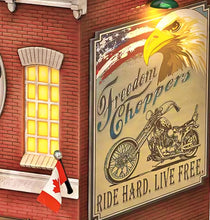 Load image into Gallery viewer, The Bradford Exchange Freedom Choppers Motorcycle Garage Cuckoo Clock with Canadian Flags Quartz Movement Light-Up Chopper Design Sculpted Eagle Piston Weights and Revving Motors Light Show on the Hour 17.25-inches
