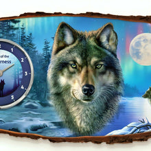 Load image into Gallery viewer, The Bradford Exchange Spirit Of The Wilderness Wall Clock Handcrafted Sliced-Wood Style Featuring Majestic Wolf Artwork and Northern Lights by James Meger 17.7-inches
