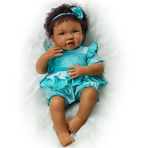 The Ashton-Drake Galleries So Truly Real African-American Baby Doll Destiny, Hold That Pose Technology, RealTouch Vinyl, Blue Romper - RCE Global Solutions