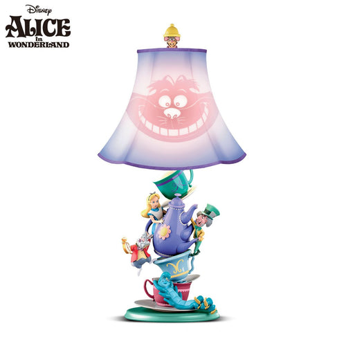 The Bradford Exchange Disney Alice in Wonderland Handmade Sculptural Mad Hatter's Tea Party Table Lamp With Appearing Disappeaing Cheshire Cat Shade 16