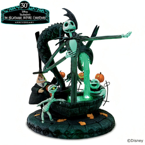 The Bradford Exchange Disney Tim Burton's The Nightmare Before Christmas Jack Skellington Sculpture with LED-Lit Fountain and Interchangeable Heads Handcrafted Collectible Inspired by the Iconic Halloween Town Scene 11" W x 14" H