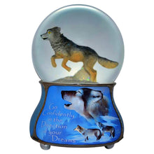 Load image into Gallery viewer, The Bradford Exchange Musical Spirits Within Glitter Globe Collection Issue #9: Blue Brotherhood Hand-Painted Wolf Sculpture with Heirloom Porcelain Base by Eddie LePage 5.75-inches
