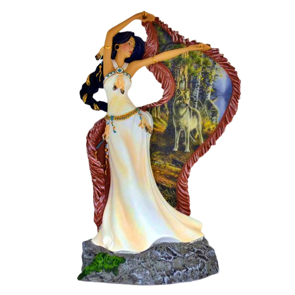 The Bradford Exchange Maidens of the Light Sculpture Collection #3: 'Spring Summoning' Illuminated Sculpture Hand-Painted Indigenous-Inspired Figurine with Wolf Art by James Meger 8-inches - RCE Global Solutions