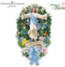 Load image into Gallery viewer, The Bradford Exchange Thomas Kinkade He Is Risen Illuminated Easter Wreath Teardrop-Shaped Christian Wall Décor with LED Lights, Jesus Figure, Floral Accents &amp; 24-Hour Timer 18-inches
