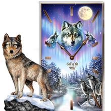 Load image into Gallery viewer, The Bradford Exchange Call of the Wild Wolf Aurora Borealis Sculptural LED Quartz Clock by James Meger 9.5-inches
