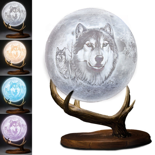 The Bradford Exchange Moonlight Majesty Sculpture Illuminated Color-Changing Moon with Wolf Art Wildlife Decor Expertly Crafted Artist's Resin Realistically Sculpted Deer Antlers Base with Remote-Controlled 16-Color Lighting by Al Agnew 11.5-inches