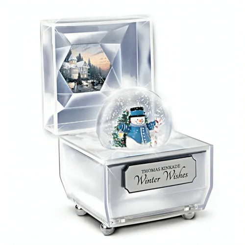 The Bradford Exchange Frosty Facets Music Box Collection Issue #1: Winter Wishes Illuminated Water Globes Holiday Art Inside Crystalline Snowman Boxes Play Music with Timer by Thomas Kinkade 4.5-inches