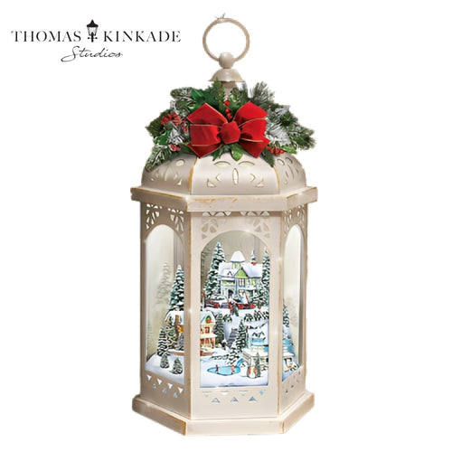 The Bradford Exchange Thomas Kinkade Winter Wonderful Christmas Decor Lantern With Revolving Snowflake Sparkle Light 6 Sided Glass Panel Viewing with Fully Dimensional Holiday Village 17