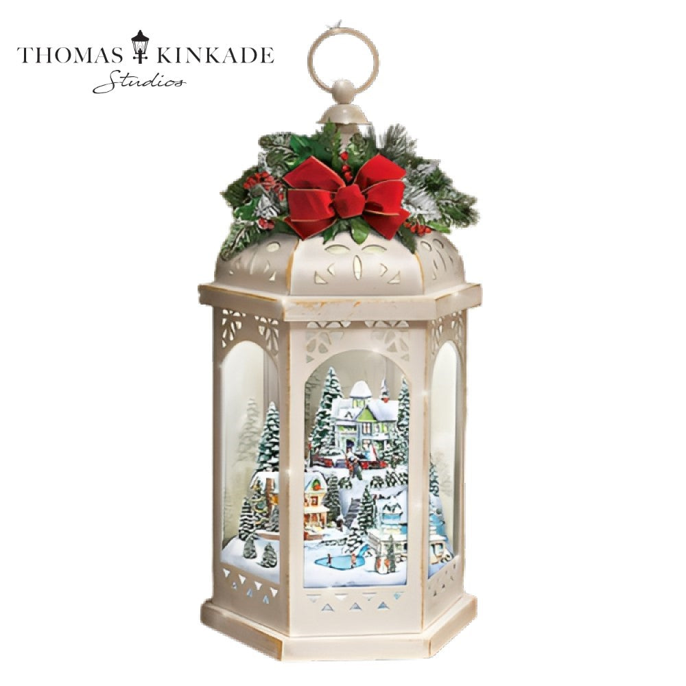 The Bradford Exchange Thomas Kinkade Winter Wonderful Christmas Decor Lantern With Revolving Snowflake Sparkle Light 6 Sided Glass Panel Viewing with Fully Dimensional Holiday Village 17