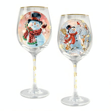 Load image into Gallery viewer, The Bradford Exchange Holiday Cheer Wine Glasses Set of Four 14 Ounce Hand Applied 12K Gold Rims &amp; Golden Snowflakes Hand Sprinkled Christmas Decoration by Dona Gelsinger 9-inches
