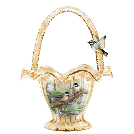 The Bradford Exchange Chickadee Chorus Issue #2 Songbird Art Hand-Blown Glass Bowl Basket by James Hautman 7.5-inches - RCE Global Solutions