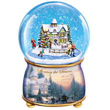 Load image into Gallery viewer, The Bradford Exchange Sharing the Season Thomas Kinkade Holidays in Motion Snowglobe Collection Issue # 2 Hand-Painted Rotating Sculptural Christmas decoration 5.75-inches
