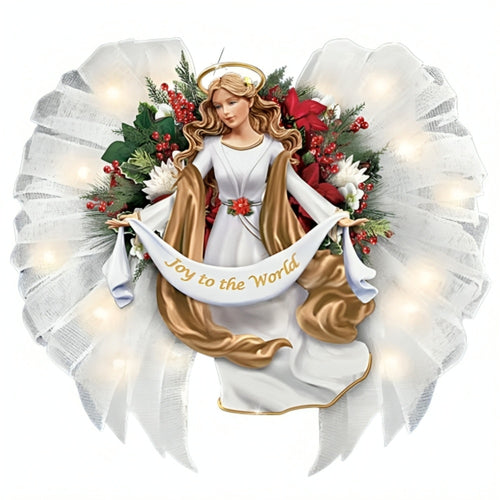The Bradford Exchange Joy to the World Wreath Light Up Angel Christmas Decor Sculpted with Gossamer Fabric Wings Pre-Lit LED Holiday with 24-Hour Timer Handcrafted Always in Bloom 19-inches