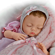 Load image into Gallery viewer, The Ashton-Drake Galleries Lullaby Baby Doll Handcrafted Realistic Doll with RealTouch® Vinyl Skin Hand-Rooted Hair Weighted Cloth Body Breathing Feature and Custom Ensemble Victoria Jordan by Myra Garza 18-inches
