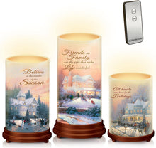 Load image into Gallery viewer, The Bradford Exchange Pillars of Light Waxed Flameless Candle Set of 3 with LED Lights Feature T-Kinkade Holiday Christmas Decor Art 24 Hour Timer with Remote Control 6&quot;-Inches - RCE Global Solutions
