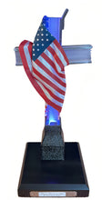 Load image into Gallery viewer, The Bradford Exchange Our Faith Endures Sculpture Collection Issue #6 Tribute to the World Trade Center Cross Crystal Clear Resin Handcrafted Illuminated American Flag and Gloss-Black Base Heirloom-Quality Artwork with Etched Silver Title Plaque 10-inches - RCE Global Solutions
