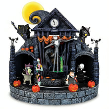 Load image into Gallery viewer, The Bradford Exchange Disney Tim Burton's The Nightmare Before Christmas Light-Up Musical Sculpture Built-in LED Lights &amp; Rotating Figures Handcrafted Halloween Decor 8.75-inches
