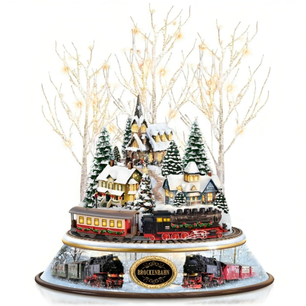 The Bradford Exchange Brockenbahn Tabletop Winter Magic Sculpture with Lighting Movement and Real Steam Locomotive Sounds Handcrafted Winter Village Centerpiece with LED Lights Authentic Brocken Train Sounds Christmas Decoration 10.6