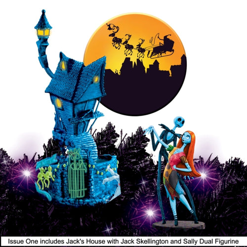 The Bradford Exchange Disney Hawthorne Village Division The Nightmare Before Christmas Illuminated Blacklight Garland Collection Issue #1 Jack's House with Jack Skellington and Sally Dual Figurine 6.75" H Sculpture, 4.25" H Figurine