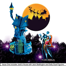 Load image into Gallery viewer, The Bradford Exchange Disney Hawthorne Village Division The Nightmare Before Christmas Illuminated Blacklight Garland Collection Issue #1 Jack&#39;s House with Jack Skellington and Sally Dual Figurine 6.75&quot; H Sculpture, 4.25&quot; H Figurine - RCE Global Solutions
