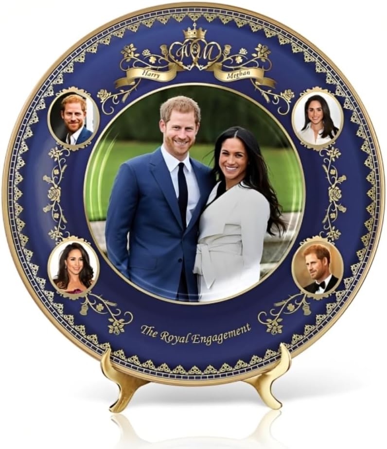 The Bradford Exchange Prince Harry & Meghan Royal Engagement Collector Plate Official Portrait Heirloom Porcelain Cobalt Blue with 22K Gold Design Commemorative Historic Event 7-inches - RCE Global Solutions