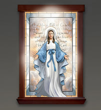 Load image into Gallery viewer, The Bradford Exchange Mary&#39;s Grace Wall Decor Self-Illuminated Stained Glass Featuring The Image Of The Blessed Mother &quot;Hail Mary&quot; with A Cherry-Finish Wooden Frame 18-Inches - RCE Global Solutions
