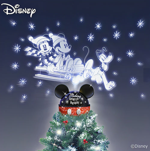 The Bradford Exchange Disney Making Spirits Bright Tree Topper Handcrafted Mickey Mouse, Minnie Mouse & Pluto with Rotating Holographic Illumination Christmas Decorations 6.5-Inches