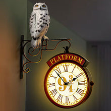 Load image into Gallery viewer, The Bradford Exchange Harry Potter Platform Illuminated Wall Clock Double-Sided Vintage Style Clock with Hedwig Figure Light-Up Wizarding World Decor 16-inches
