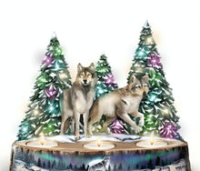 Load image into Gallery viewer, The Bradford Exchange The Guardians of the Night Votive Wolves Centerpiece Handcrafted &amp; Hand-painted Decorative Illuminated Sculpture 8-inches
