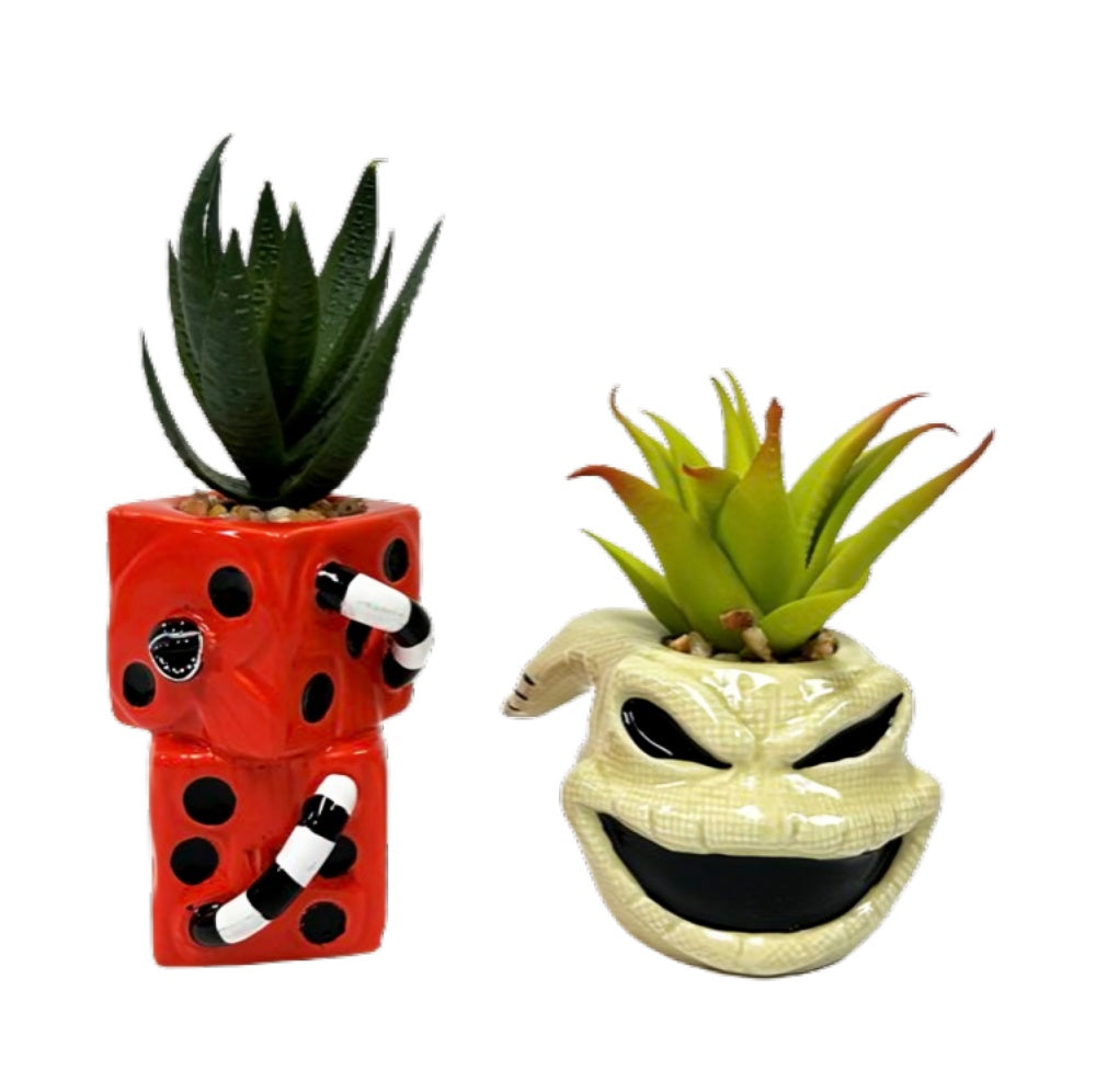 The Bradford Exchange Disney Tim Burton's The Nightmare Before Christmas Succulent Sculpture Collection Issue #3: Oogie Boogie and Dice Handcrafted Ceramic Pot with Artificial Cacti Halloween Decorations 3-Inches