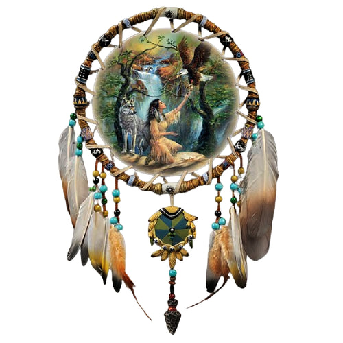 The Bradford Exchange Native Dreams Dreamcatcher Collection Issue #2 Sacred Visions Hand Stretched Leather Art and Sculpted Resin Frame with Feathers Beads Medallion and Arrowhead by Russ Docken 14-inches - RCE Global Solutions
