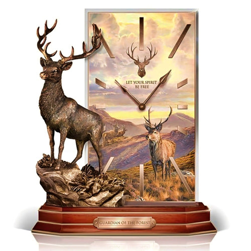 The Bradford Exchange Spirit Of The Stag Illuminated Desk Clock Handcrafted Individually Numbered with Golden Trim and Soft Illumination by Martin Ridley 9.6-inches - RCE Global Solutions