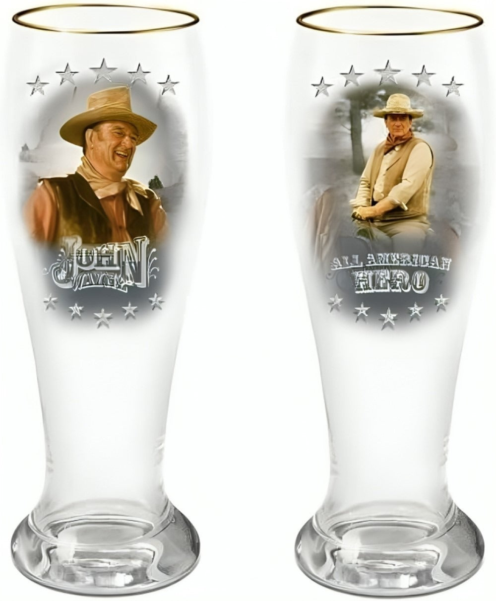 The Bradford Exchange John Wayne Pilsner Glass Collection Issue #2 Featuring Duke's Iconic Image and Signature Crafted to Perfection with Genuine 12K Gold Rims for Fans of the Wild West Legend Sets of Two 20 oz Glasses