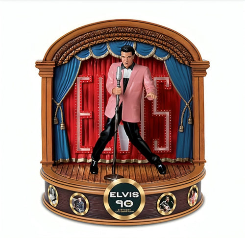 The Bradford Exchange Elvis Presley 90th Birthday Sculpture Collectible Tribute Plays Hound Dog Illuminated Stage & Backdrop Ed Sullivan Show-Inspired Design 8.25-inches - RCE Global Solutions