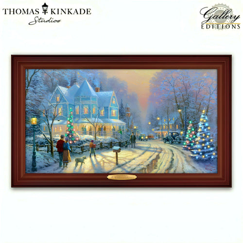 The Bradford Exchange A Holiday Gathering Christmas Decor Illuminated Canvas Print with 8 LED Lights and 80 Color-Changing Fiber Optic Lights and Cherry-Toned Frame Wall Décor by Thomas Kinkade 20-inches - RCE Global Solutions
