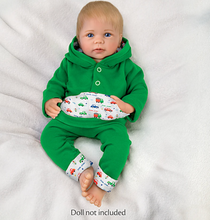Load image into Gallery viewer, The Ashton-Drake Galleries Zoom Zoom Accessory Set That Fits Baby Dolls Featuring A Green Hoodie &amp; Matching Pair of Sweatpants Accented with an All Over Car Print - RCE Global Solutions

