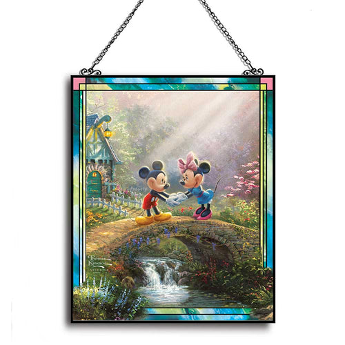 The Bradford Exchange Disney Mickey/Minnie Sweetheart Bridge The Perfect Pair Stained-Glass Suncatcher Collection Issue #1 by Thomas Kinkade 6"x7.5"