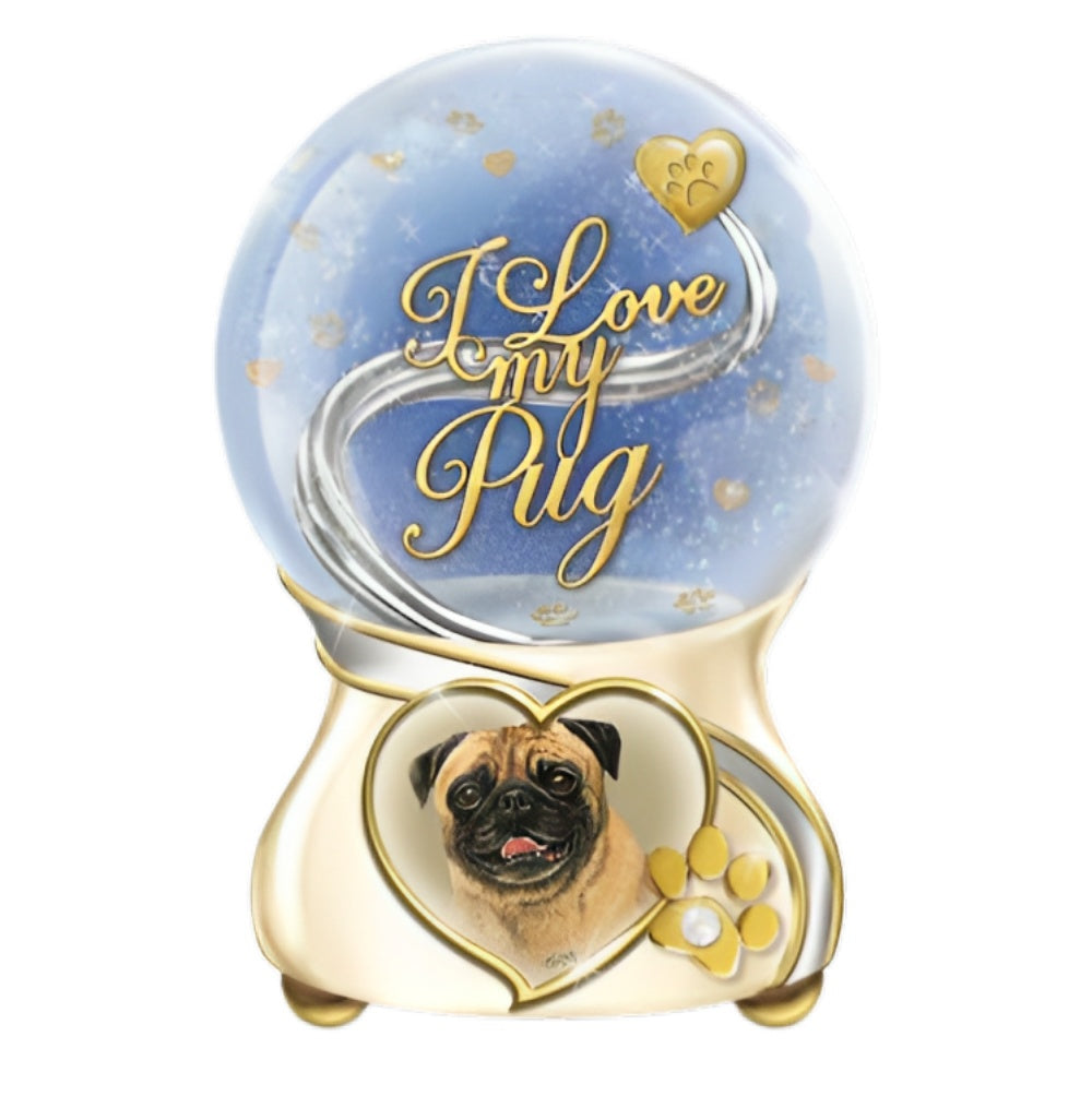 The Bradford Exchange I Love My Little Dog Glitter Globe Issue #5 Pug Heirloom Porcelain Base Musical Keepsake with Golden Paw Prints & Hearts by Pollyanna Pickering 5.75-Inches - RCE Global Solutions