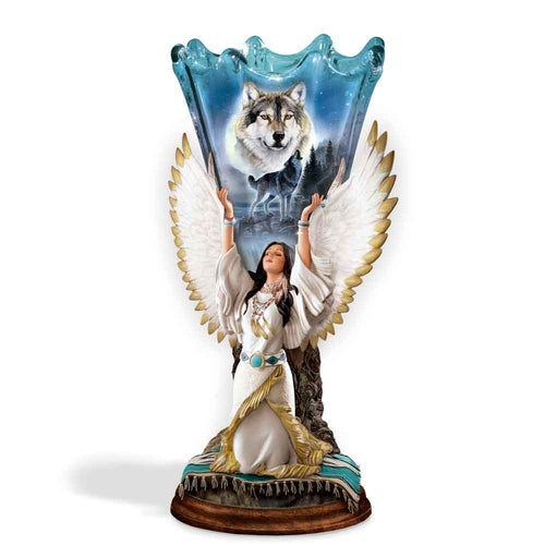 The Bradford Exchange Moonlit Dreams Torchiere Lamp Native American-inspired Maiden Sculpture with Wolf Art by Al Agnew 14-inches - RCE Global Solutions