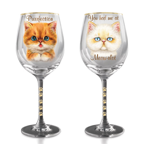 The Bradford Exchange Purrfection & You Had Me at Meow-rlot from The Sassy Cat Wine Glass Collection Set of 2 Featuring Feline Artistry by Kaomi Harai 9-inches - RCE Global Solutions