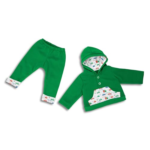 The Ashton-Drake Galleries Zoom Zoom Accessory Set That Fits Baby Dolls Featuring A Green Hoodie & Matching Pair of Sweatpants Accented with an All Over Car Print - RCE Global Solutions