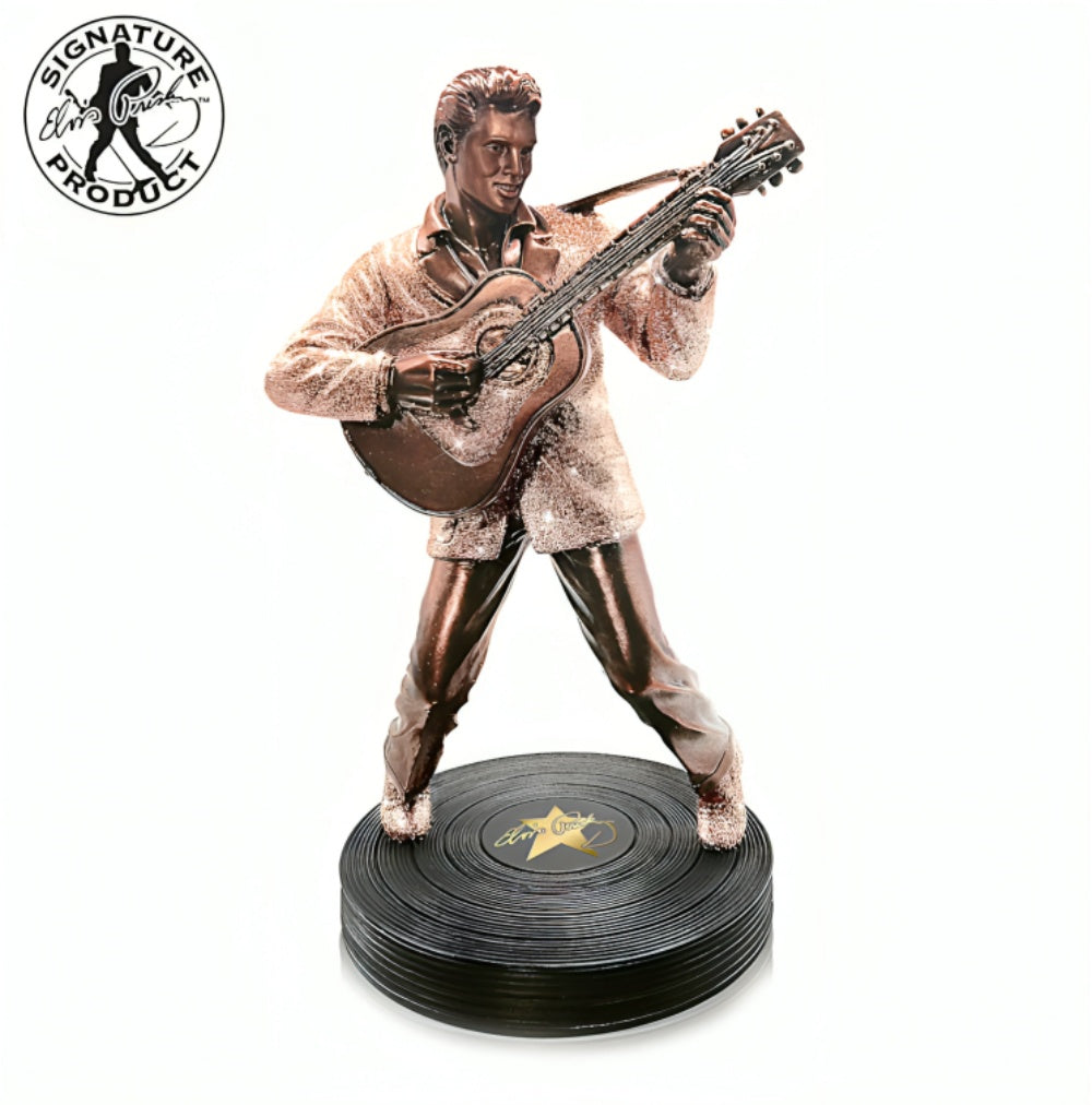 The Bradford Exchange Legendary King of Rock 'N Roll Elvis Presley Glittering Bronze-Toned Tribute Sculpture Limited Edition Collectible with Hand-Applied Glitter, Iconic Stance & Record Stack Pedestal 9-Inch - RCE Global Solutions