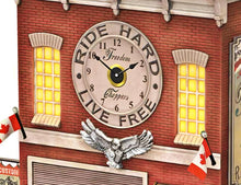 Load image into Gallery viewer, The Bradford Exchange Freedom Choppers Motorcycle Garage Cuckoo Clock with Canadian Flags Quartz Movement Light-Up Chopper Design Sculpted Eagle Piston Weights and Revving Motors Light Show on the Hour 17.25-inches
