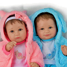 Load image into Gallery viewer, The Ashton-Drake Galleries Built-In Best Friends Twin Baby Collectible Doll Set Realistic Dolls with Hand-Painted RealTouch® Vinyl Skin Poseable Soft Hand-Rooted Hair Cozy Faux Fur Jackets with Puppy and Kitty Outfits by Ping Lau 15-inches
