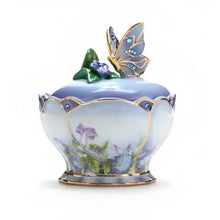 Load image into Gallery viewer, The Bradford Exchange Whispering Wings Porcelain Sapphire Glass Jeweled Music Box With Butterfly Handle Landing Upon a Flower by Artist Lena Liu Plays the Song On The Wings of Love 4&quot;-Inches - RCE Global Solutions
