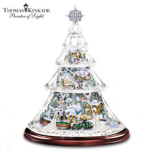 Load image into Gallery viewer, The Bradford Exchange Thomas Kinkade Holiday Reflections Hand Cut Crystal Christmas Tree Decoration With 3D Village Inside and a Miniature Moving Train Plays Medley of Christmas Songs 13.5-Inches - RCE Global Solutions
