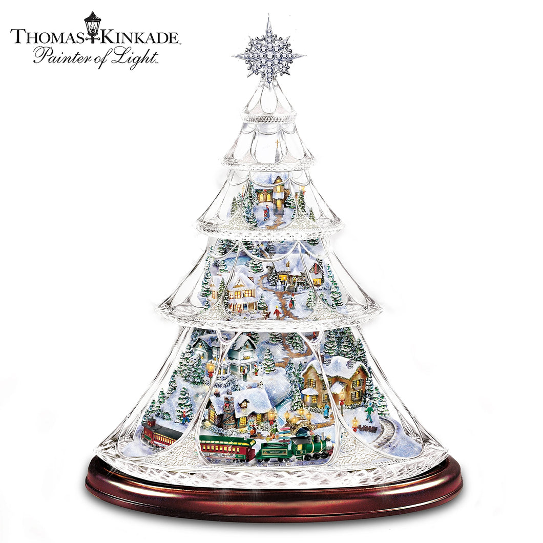 The Bradford Exchange Thomas Kinkade Holiday Reflections Hand Cut Crystal Christmas Tree Decoration With 3D Village Inside and a Miniature Moving Train Plays Medley of Christmas Songs 13.5-Inches - RCE Global Solutions