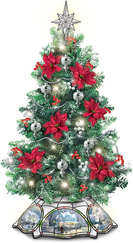 The Bradford Exchange Thomas Kinkade Warm Glow Of Christmas Floral Holiday Tree Decoration with Stained Glass Illuminated Artwork Base Poinsettas Silver Ornaments Garland and Timer LED Lit  18-Inches - RCE Global Solutions