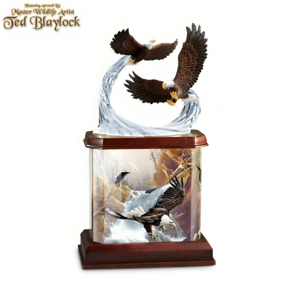 The Bradford Exchange King's Domain Illuminated Eagle Sculpture Wildlife Art Lustrous Acrylic Tower with Hidden Bulbs Handcrafted Walnut-Stained Base Eagles Riding a Gust of Crystalline from Illuminations Of Majesty Collection Issue #2 by Ted Blaylock 12