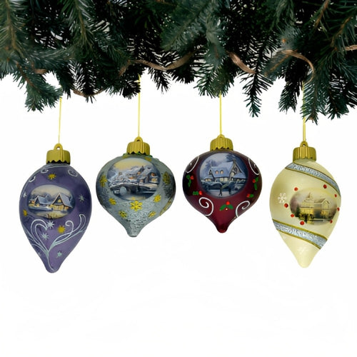 The Bradford Exchange Light Up the Season Luminary Glass Ornament Issue #6 Set of 4 Christmas Decoration by Thomas Kinkade